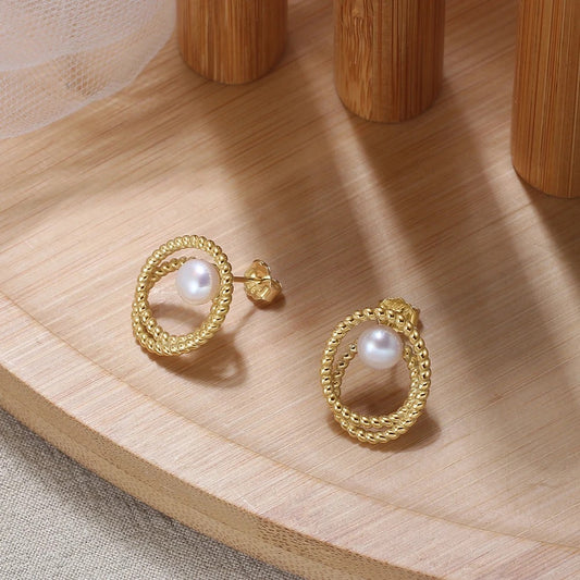 Handmade Minimalist Stud Earrings: Double Circle with Pearl