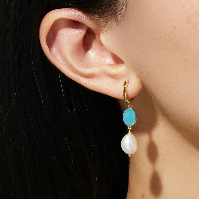 Handmade Minimalist Drop Earrings with Pearl and Turquoise or Malachite Pendant