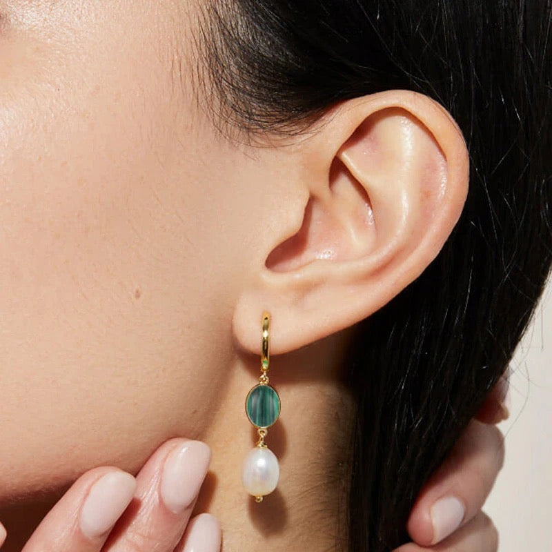 Handmade Minimalist Drop Earrings with Pearl and Turquoise or Malachite Pendant