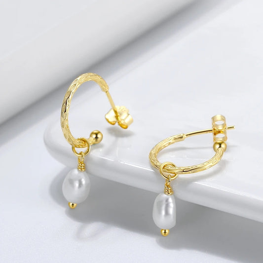 Handmade Minimalist Half Hoop Earrings with Hanging Baroque Pearl Gold