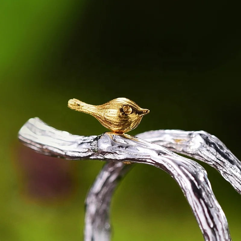 Handmade wide ring "Birds on a branch", 925 silver, 18K gold