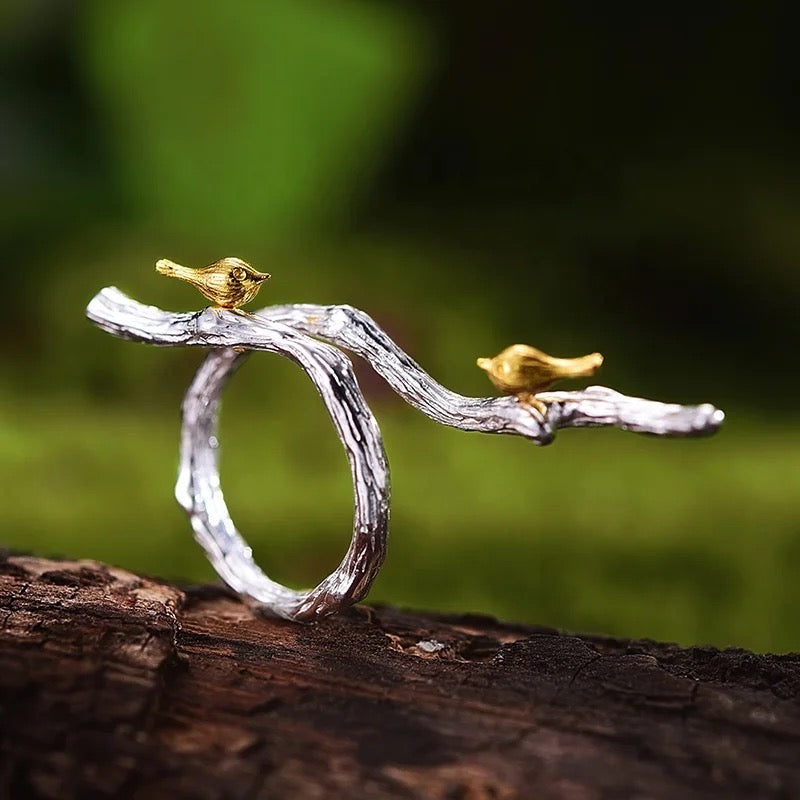 Handmade wide ring "Birds on a branch", 925 silver, 18K gold