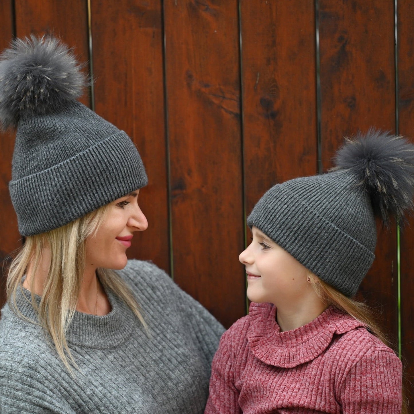 Cashmere and Merino Wool Mom and Daughter Matching Hats with Pompom