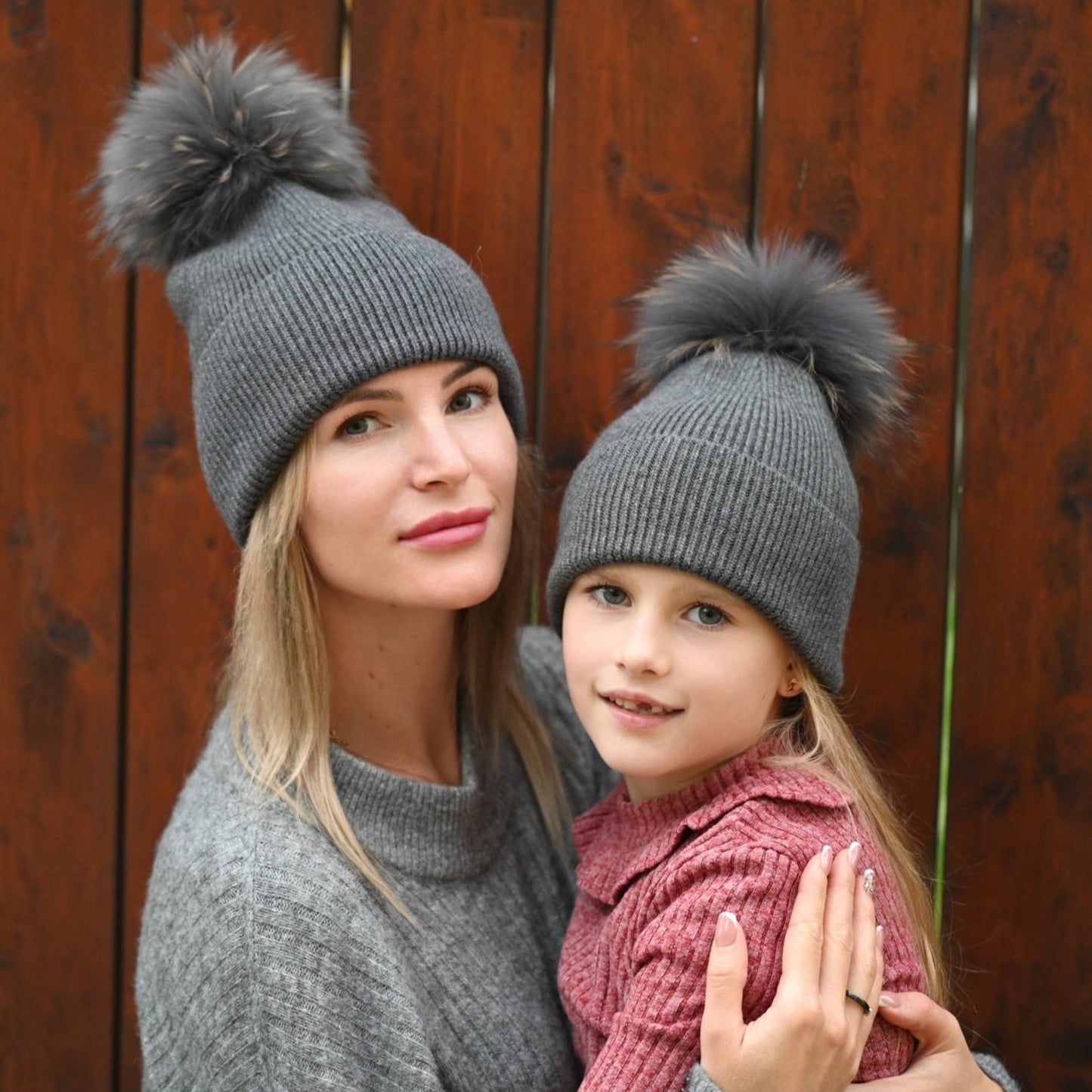 Cashmere and Merino Wool Mom and Daughter Matching Hats with Pompom