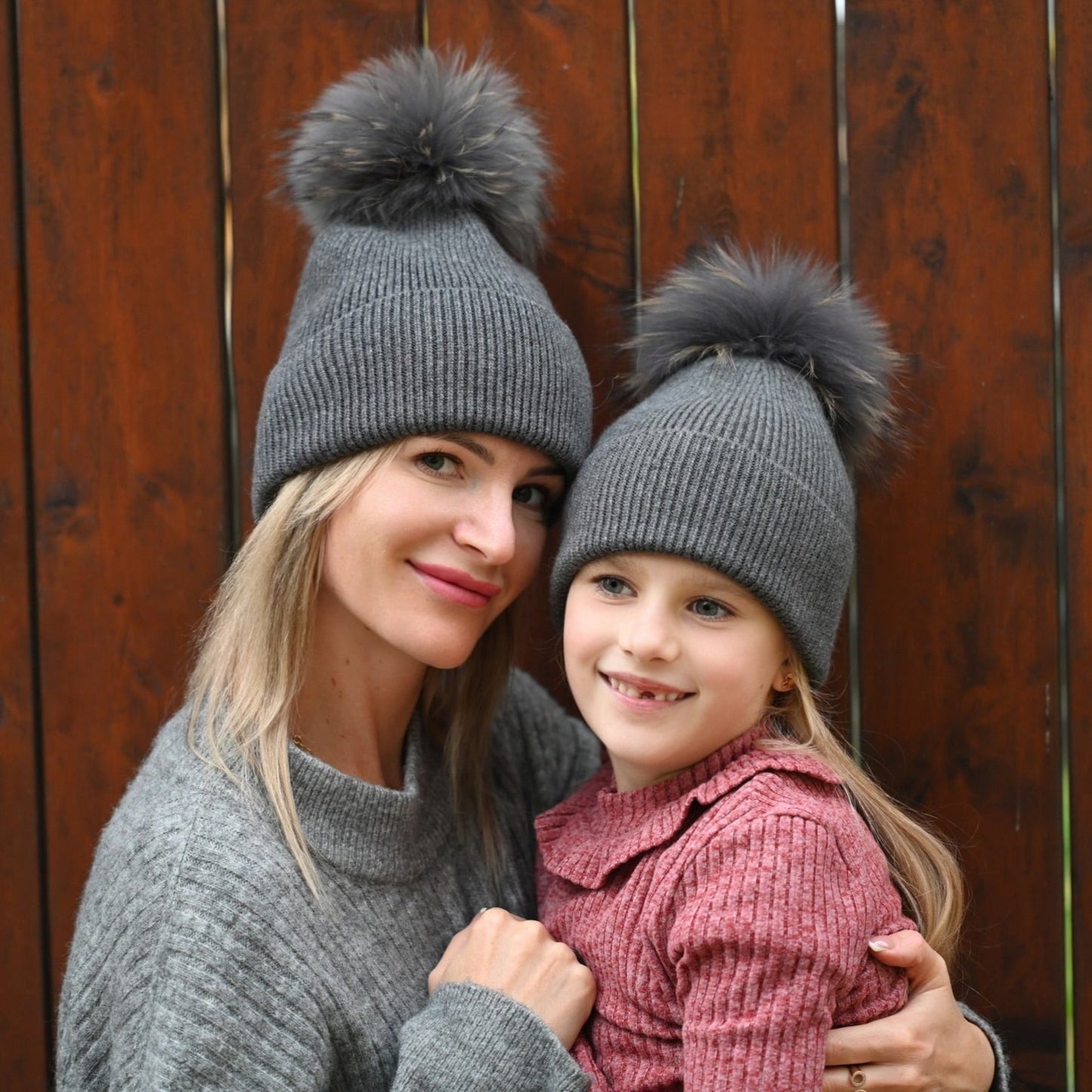 Cashmere and Merino Wool Mom and Daughter Matching Hats with Pompom