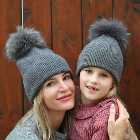 Cashmere and Merino Wool Mom and Daughter Matching Hats with Pompom