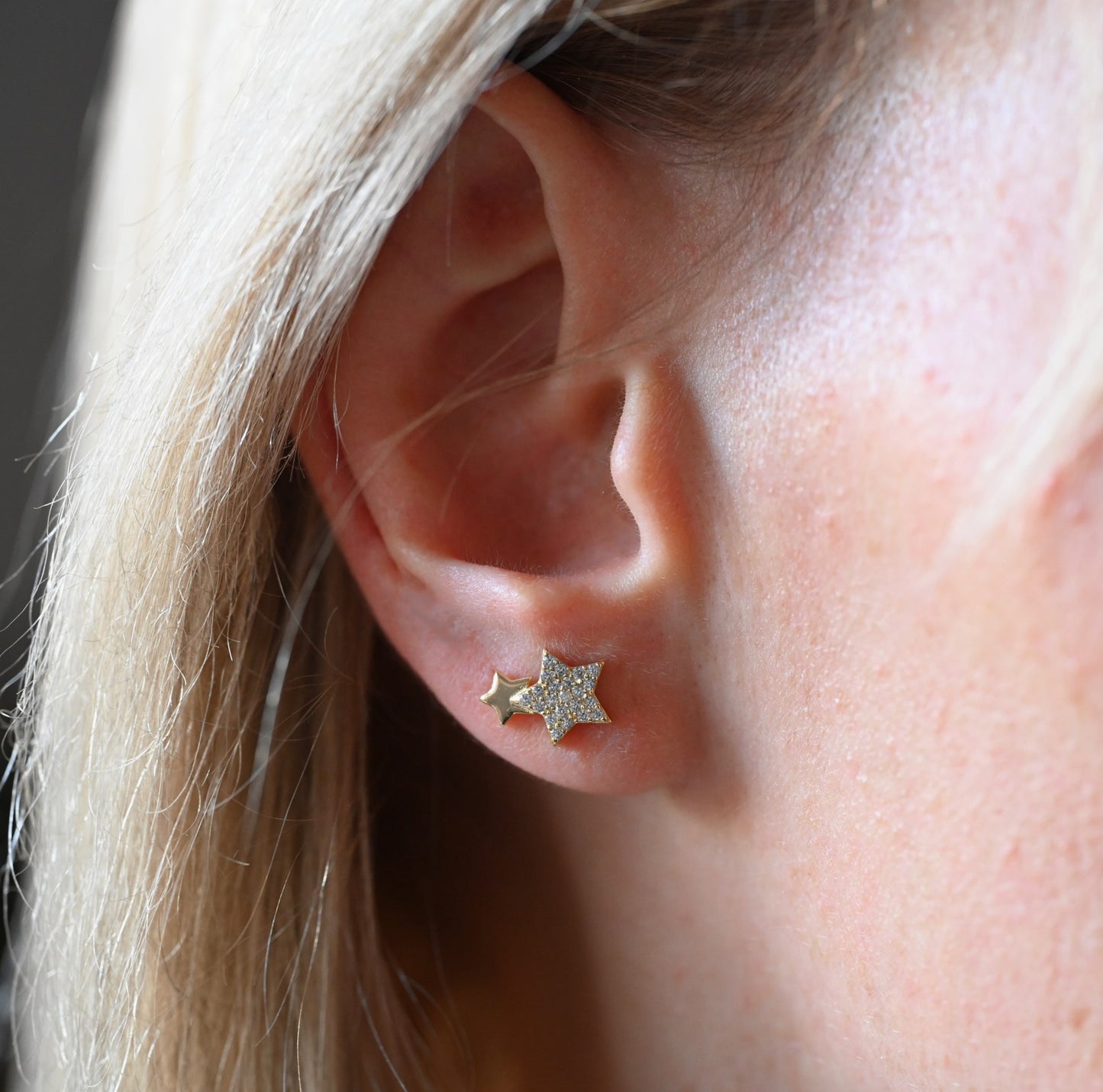 Minimalist stud earrings with two stars, 925 silver, 14K gold