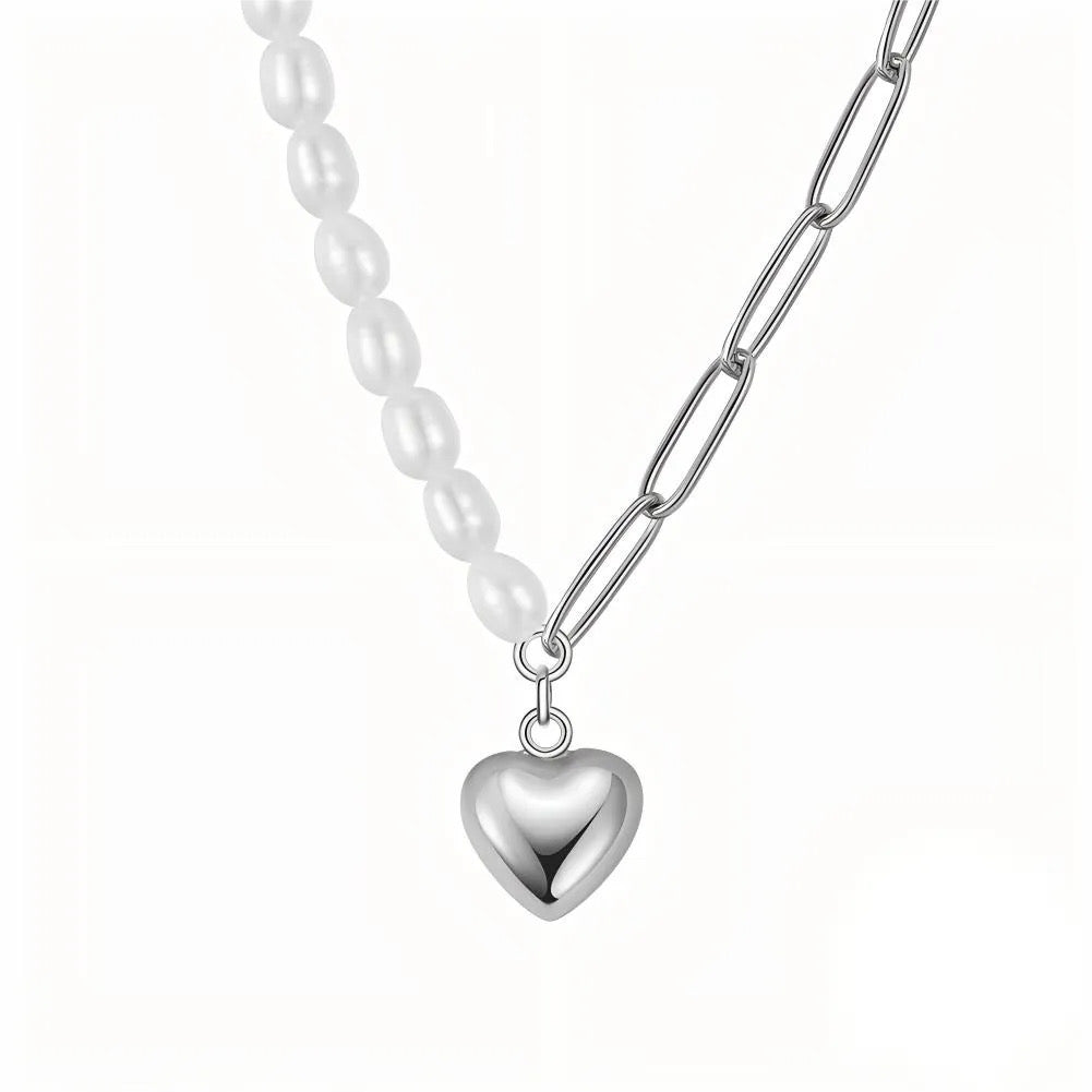 Pearl bracelet and pearl necklace with heart pendant, 925 silver, 14K gold