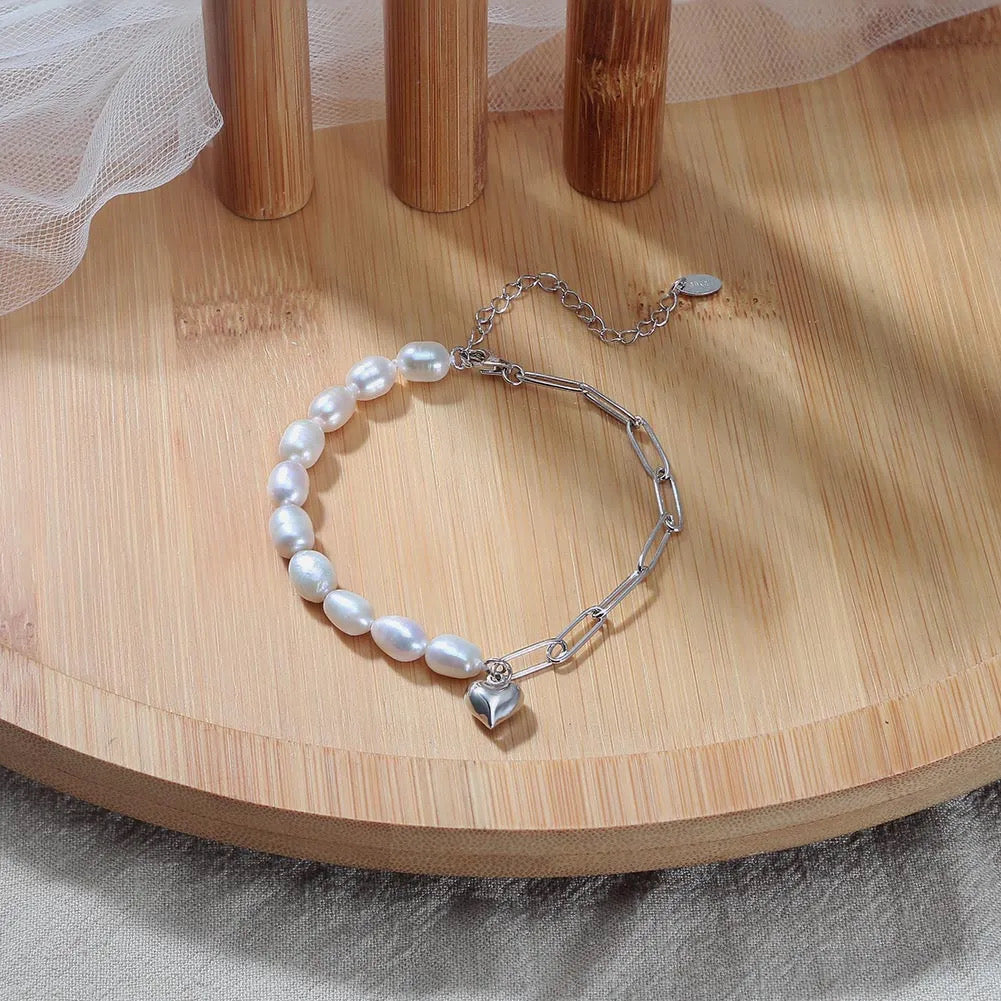 Pearl bracelet and pearl necklace with heart pendant, 925 silver, 14K gold