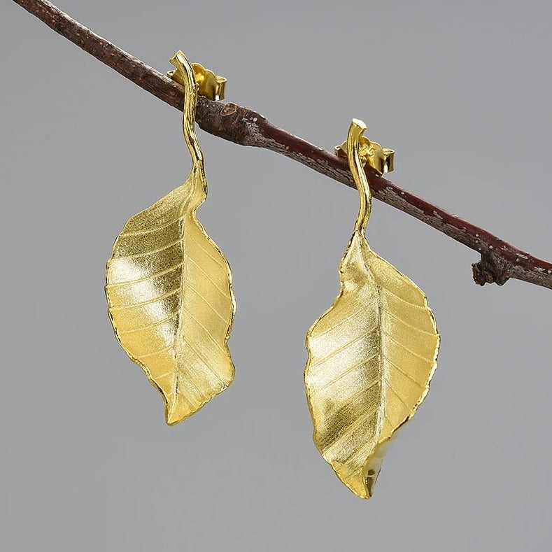 Hanging earrings "Flying Autumn Leaf", 925 silver, 18K gold