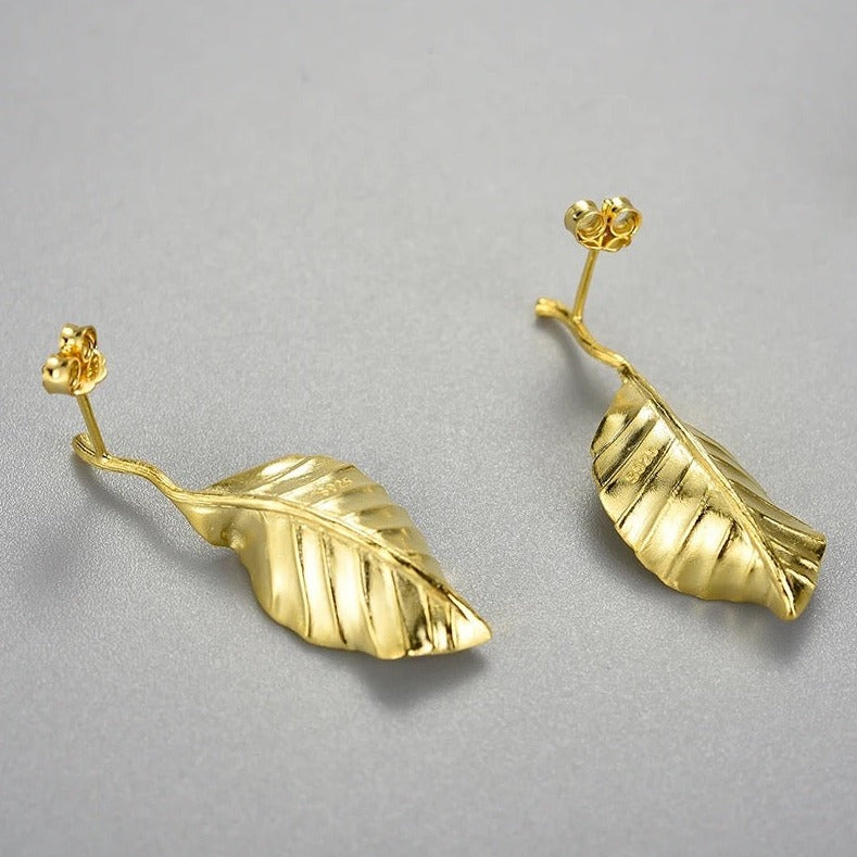 Hanging earrings "Flying Autumn Leaf", 925 silver, 18K gold