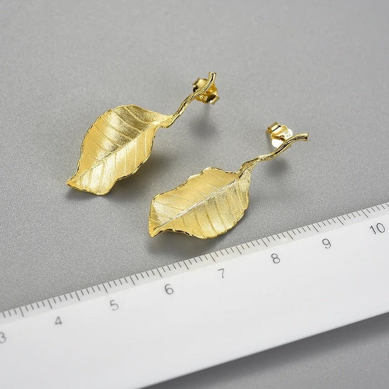 Hanging earrings "Flying Autumn Leaf", 925 silver, 18K gold