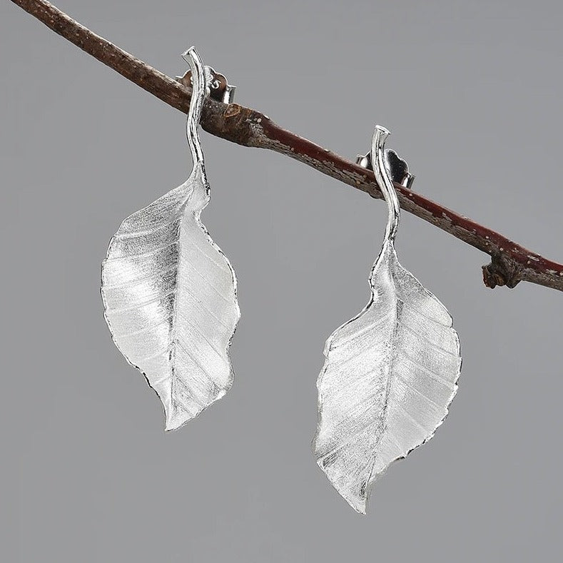 Hanging earrings "Flying Autumn Leaf", 925 silver, 18K gold