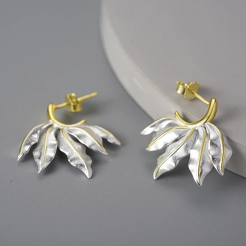 Vintage Leaf Hoop Earrings, 925 Silver, 18K Gold