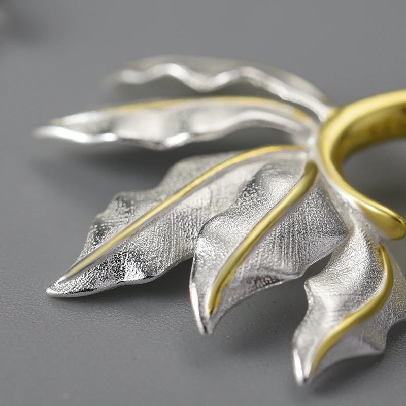 Vintage Leaf Hoop Earrings, 925 Silver, 18K Gold