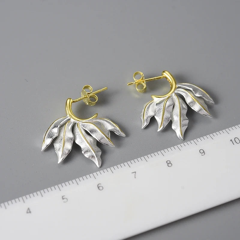 Vintage Leaf Hoop Earrings, 925 Silver, 18K Gold