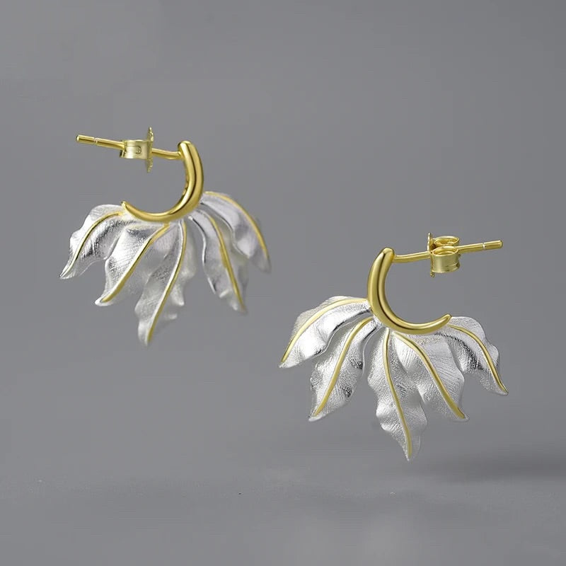 Vintage Leaf Hoop Earrings, 925 Silver, 18K Gold