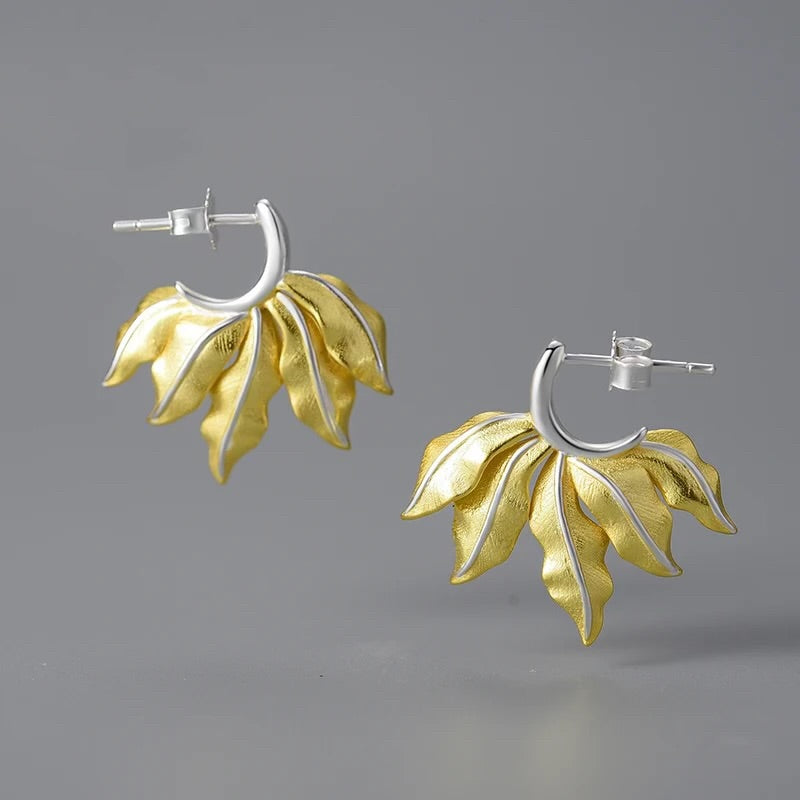 Vintage Leaf Hoop Earrings, 925 Silver, 18K Gold