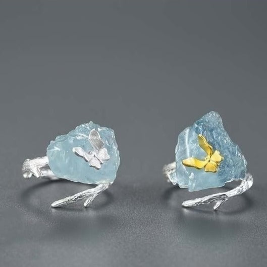 Handmade ring raw stone aquamarine, 925 silver