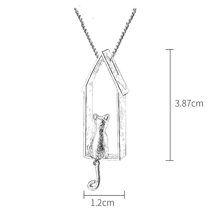 Handgefertigte Halskette Katze im Haus, 925er Silber, 18K Gold