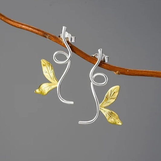 Handmade branch and leaves earrings, 925 silver, 18K gold