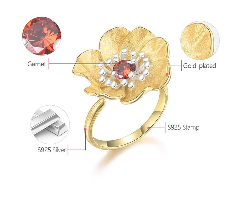 Handmade ring "Blooming Anemone" with garnet