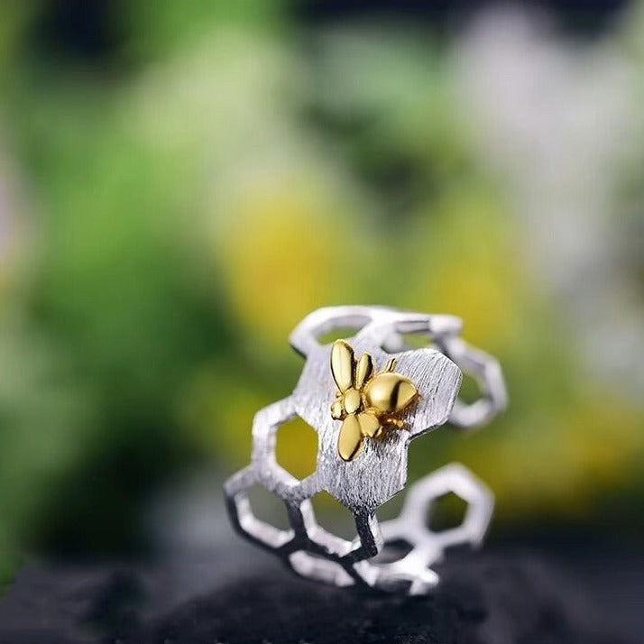 Handmade ring "Busy Bee" 925 silver, 18K gold