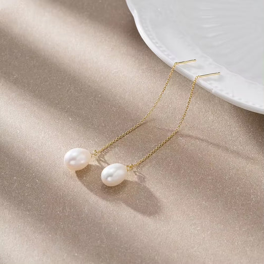 Chain earrings with small freshwater pearl, 925 silver, 14K gold