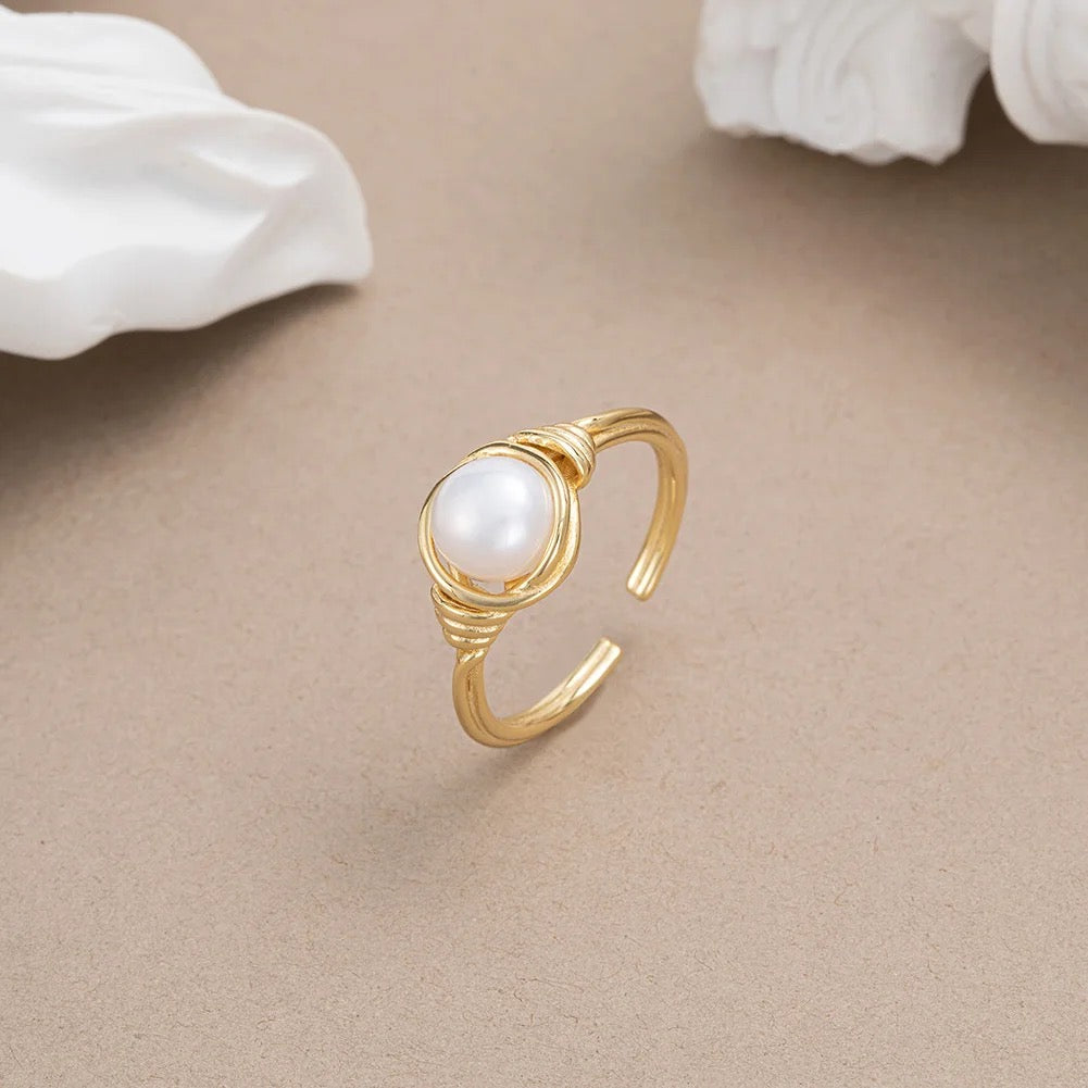 Handmade Adjustable Wrapped Wire Ring with Pearl, 925 Silver 14K Gold