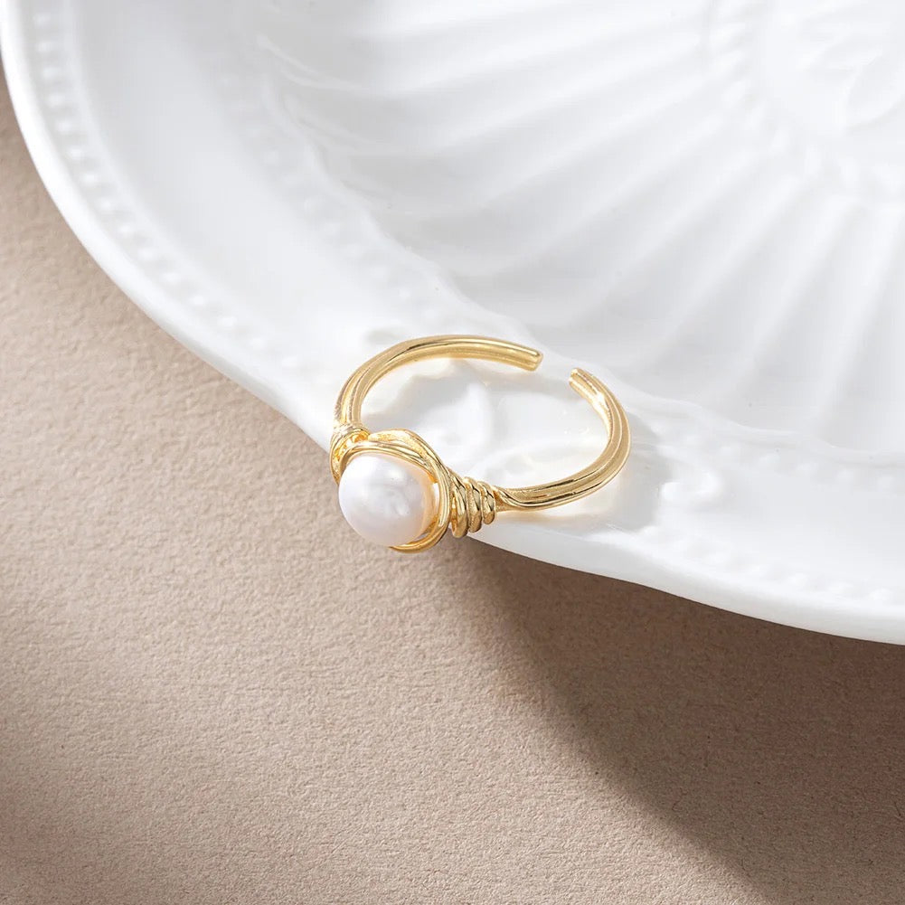 Handmade Adjustable Wrapped Wire Ring with Pearl, 925 Silver 14K Gold