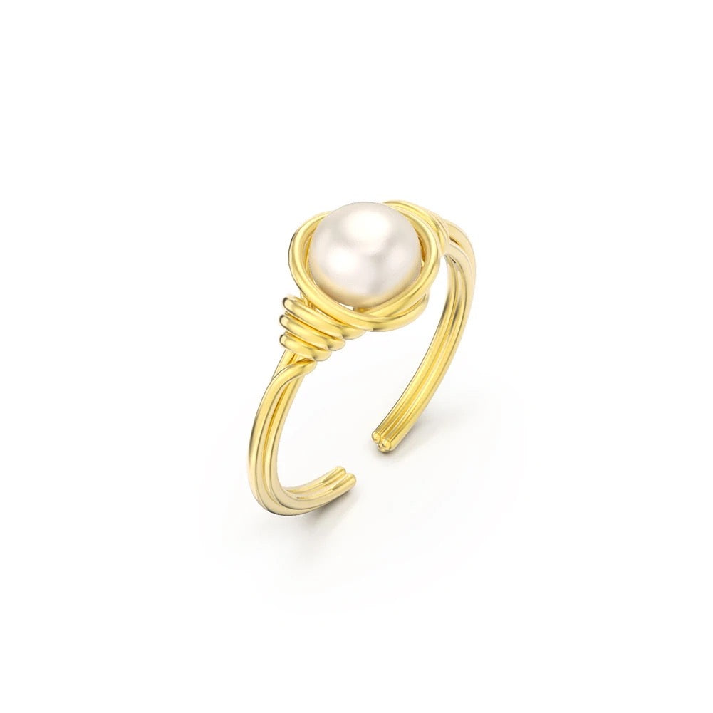 Handmade Adjustable Wrapped Wire Ring with Pearl, 925 Silver 14K Gold