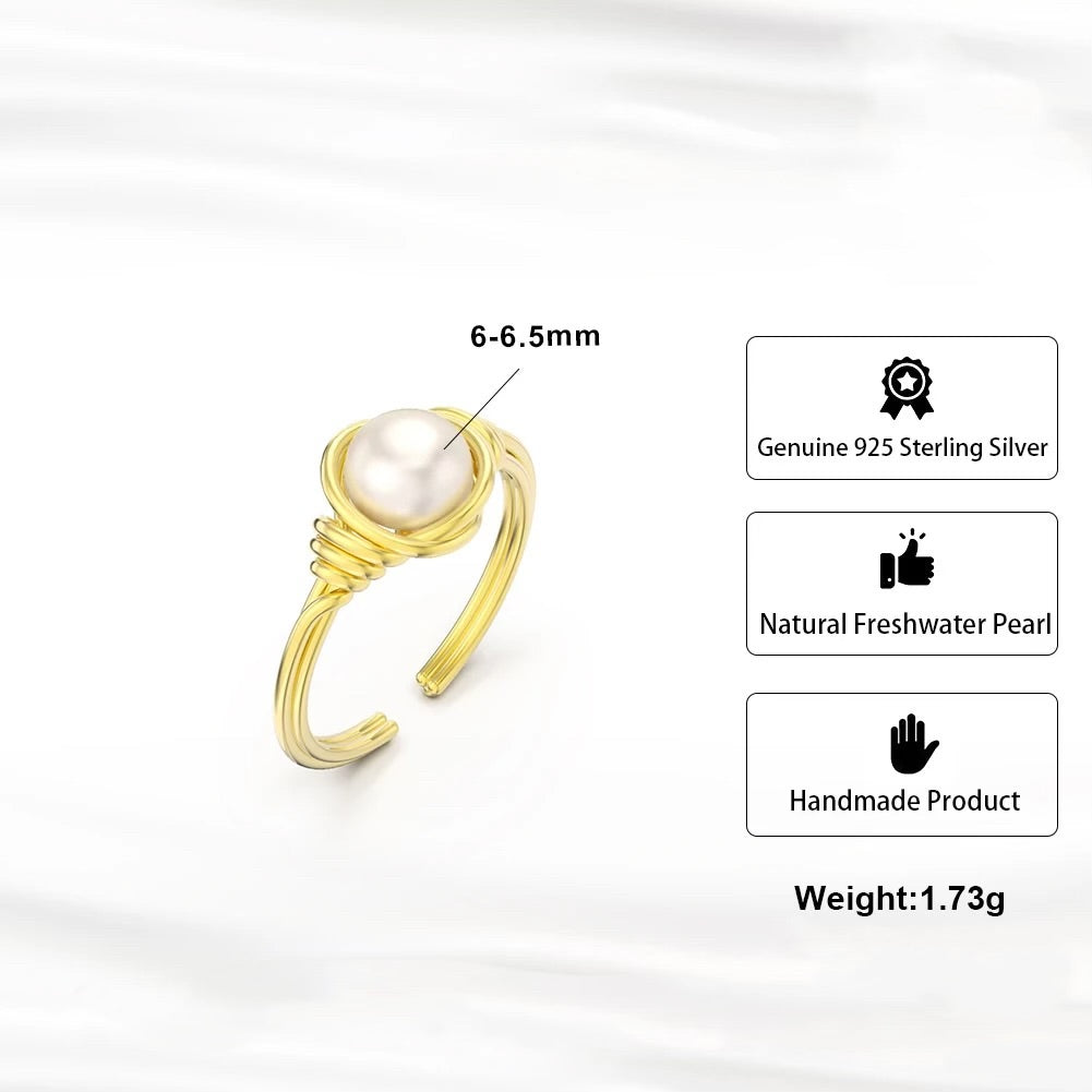 Handmade Adjustable Wrapped Wire Ring with Pearl, 925 Silver 14K Gold