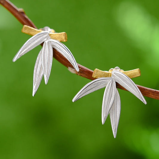 Handmade Large Stud Earrings "Bamboo Leaves", 925 Silver, 18K Gold