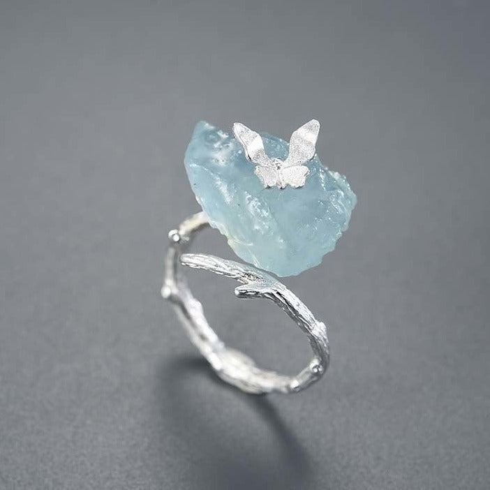 Handmade ring raw stone aquamarine, 925 silver