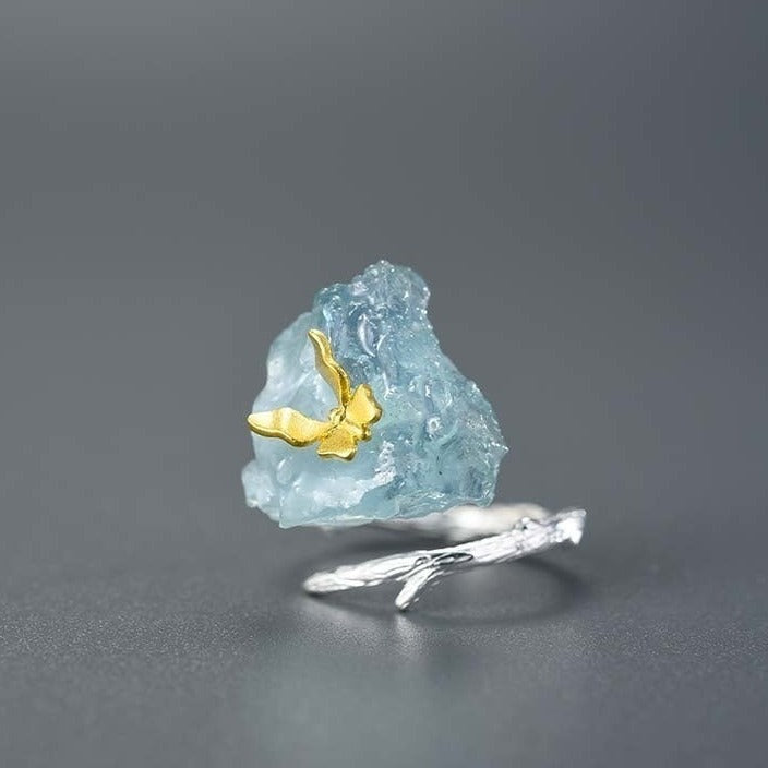 Handmade ring raw stone aquamarine, 925 silver