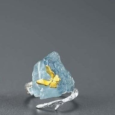 Handmade ring raw stone aquamarine, 925 silver