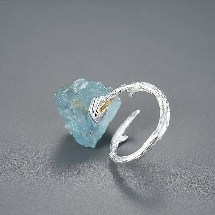 Handmade ring raw stone aquamarine, 925 silver