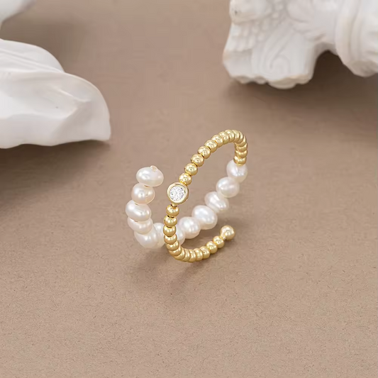 Handmade adjustable ring natural pearls and beads