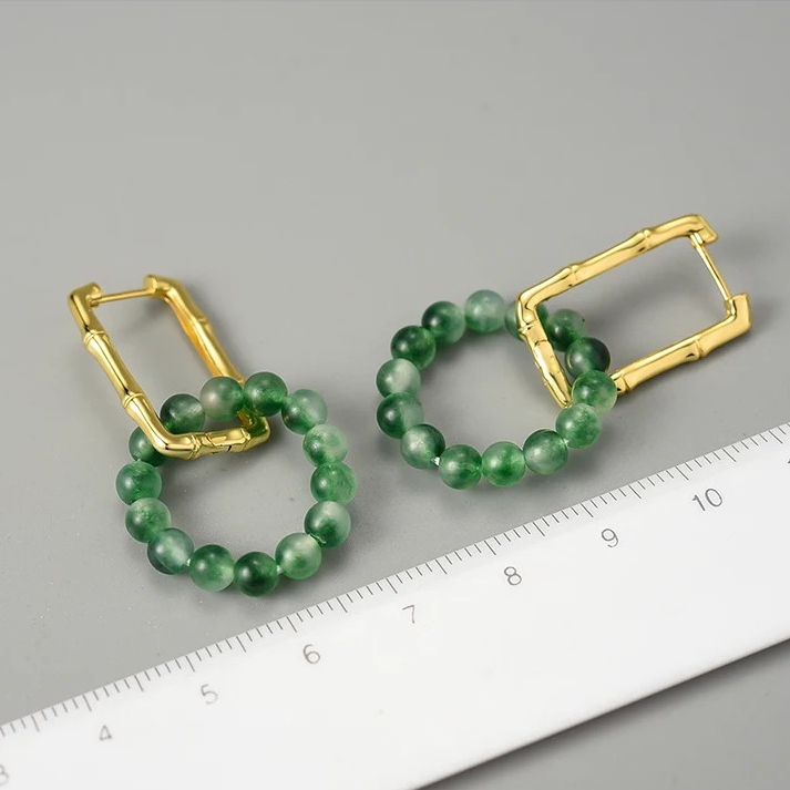 Rectangle Bamboo Hoop Earrings with Agate Circle, 925 Silver, 18K Gold