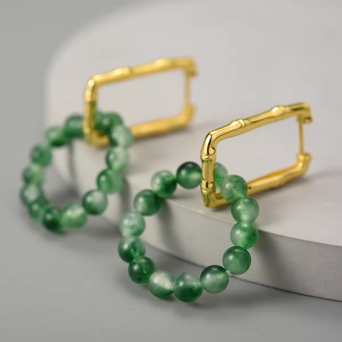 Rectangle Bamboo Hoop Earrings with Agate Circle, 925 Silver, 18K Gold