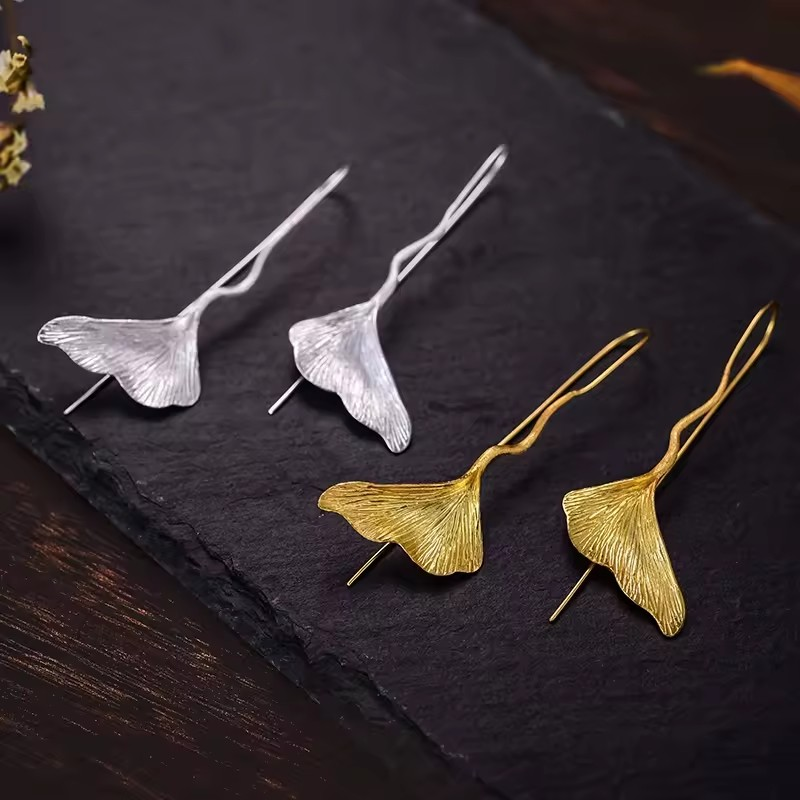 Handmade Ginkgo Leaf Earrings, 925 Silver, 18K Gold