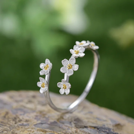 Handmade ring forget-me-not small flowers, 925 silver, 18K gold