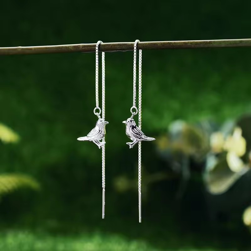 Handmade chain earrings with bird pendant, 925 silver