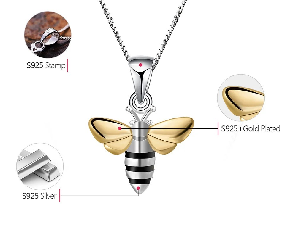 Jewelry set delicate earrings and necklace with bee pendant, 925 silver, 18K gold