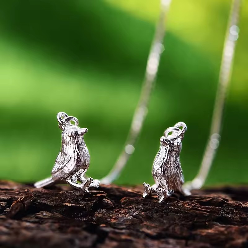 Handmade chain earrings with bird pendant, 925 silver