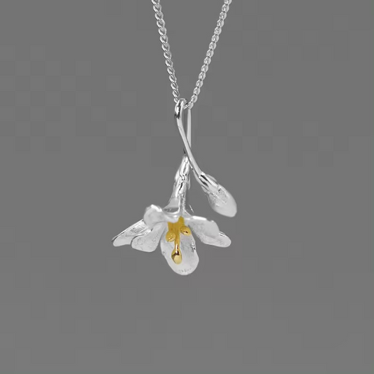 Necklace with small freesia flower, 925 silver, 18K gold