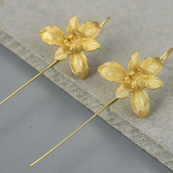 Handmade Iris Flower Earrings, 925 Silver, 18K Gold