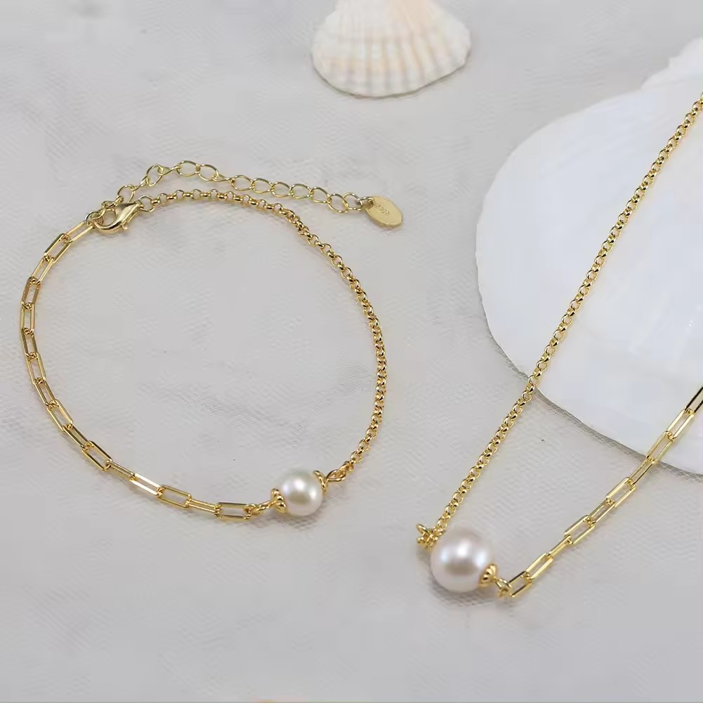 Elegant necklace and bracelet with freshwater pearls, 925 silver, 14K gold