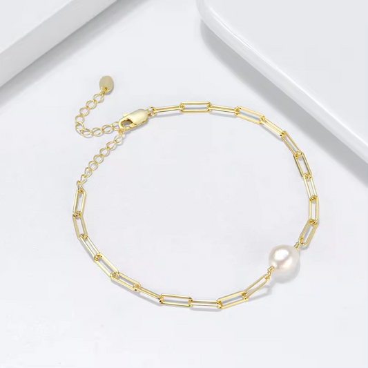 Link bracelet with freshwater pearl 925 silver, 14K gold