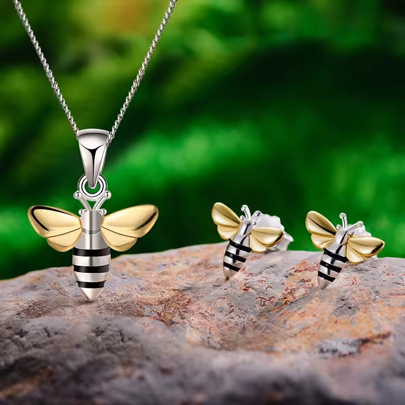 Jewelry set delicate earrings and necklace with bee pendant, 925 silver, 18K gold